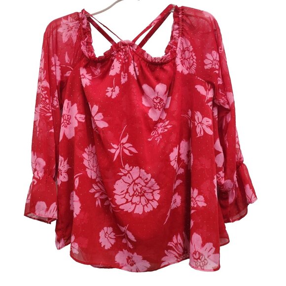 INC International Concepts Womens Top Large Red Floral Chiffon BOHO Bell Sleeve - Picture 1 of 10